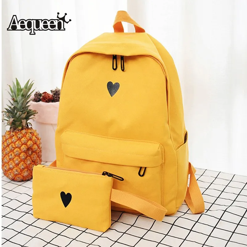 

AEQUEEN 2 PCS/Set Cute Heart Backpack For Student Schoolbag Canvas Printing Book Bags Preppy Style Teenage Girls Rucksack Pack