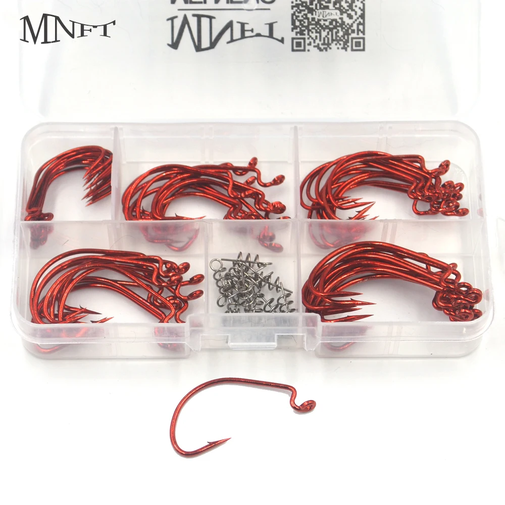MNFT 60Pcs Texas Rig Wrom Hooks High Carbon Steel Red Crank Hooks