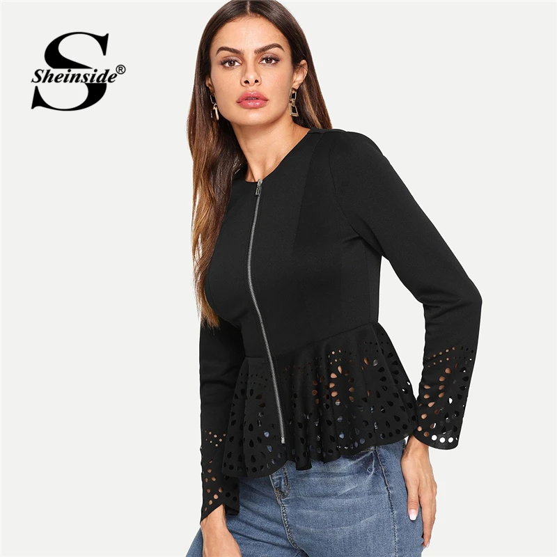 Sheinside Autumn Womens Jackets And Coats Women Laser Cut Zip Up Peplum Coat Ladies Workwear Ruffle Outerwear 2018 Black Jacket
