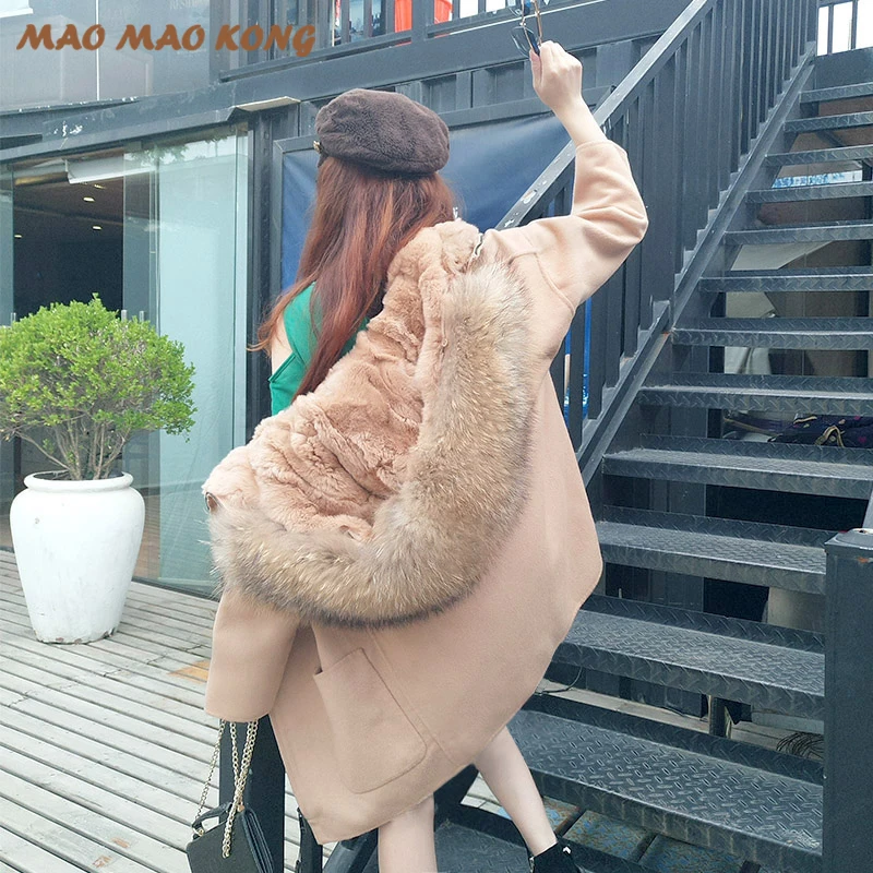 2018 nueva moda invierno Parka lana cachemir abrigo de piel para mujer abrigo cuello con capucha Rex piel de conejo forro de calidad superior - 2