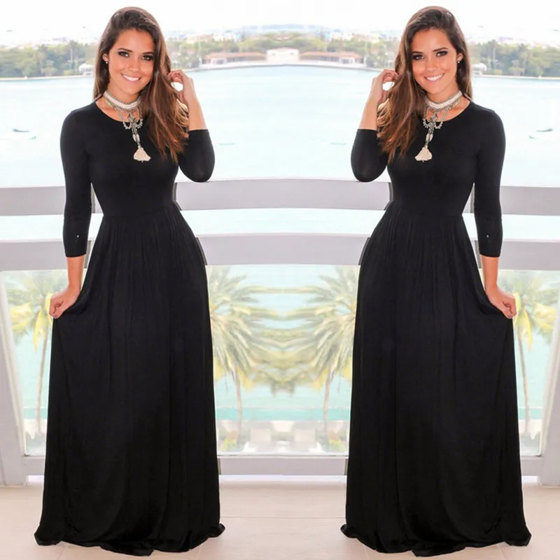 Новое Женское однотонное длинное платье макси с длинным рукавом вечернее платье с длинным рукавом черное - Цвет: Round Neck