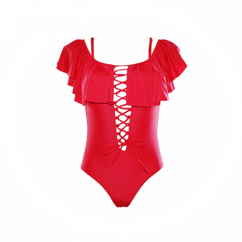 Новинка, женский купальник Reteo с открытыми плечами и оборками, цельный бикини, монокини, купальник с открытой спиной, пляжная одежда - Цвет: Красный