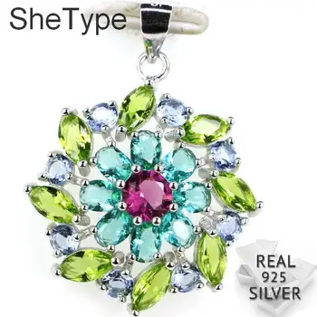 

2.9g Multi Color Pink Tourmaline Peridot Aquamarine Tanzanite Real 925 Solid Sterling Silver Pendant 30x23mm