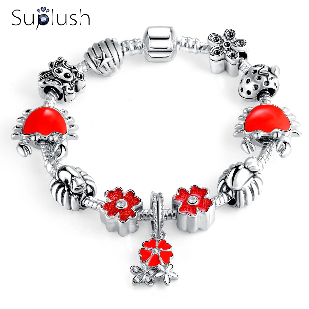 

Suplush Summer Collection Bohemia Charm Bracelets with Red Enamel Flower Beads Antique Silver For Women Fashion Jewelry PCBR0229