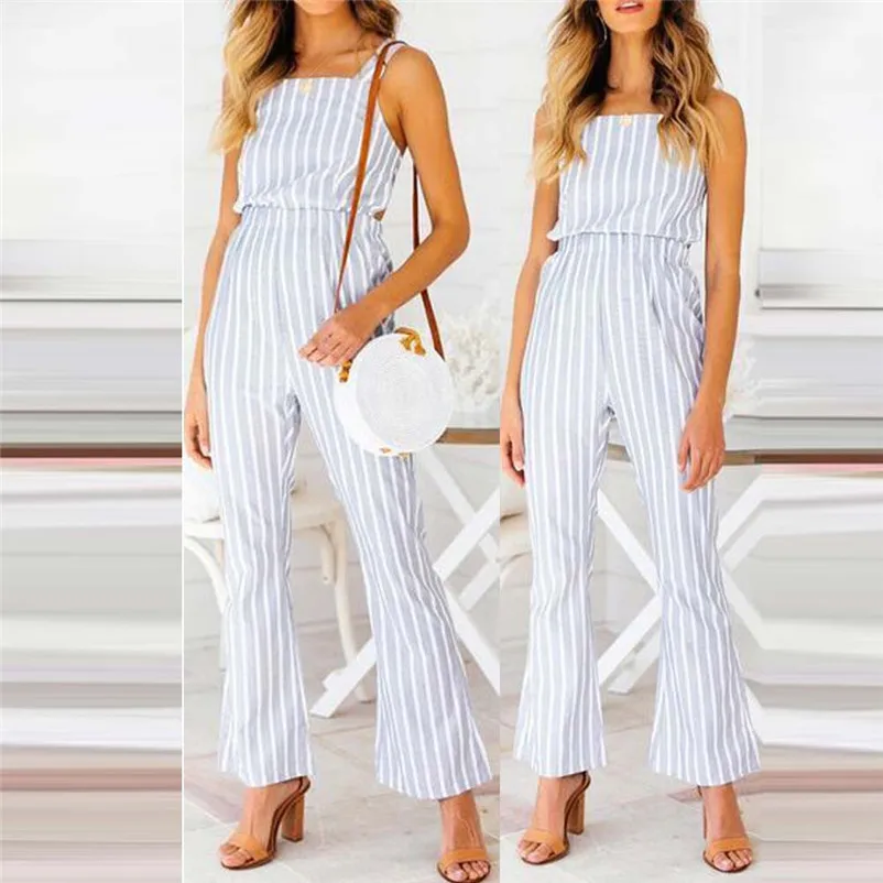 Fashion summer jumpsuit woman 2018 Sleeveless Stripe Jumpsuits Loose Playsuit Long Wide leg Trouser pantaloni siamesi A02#N (9)
