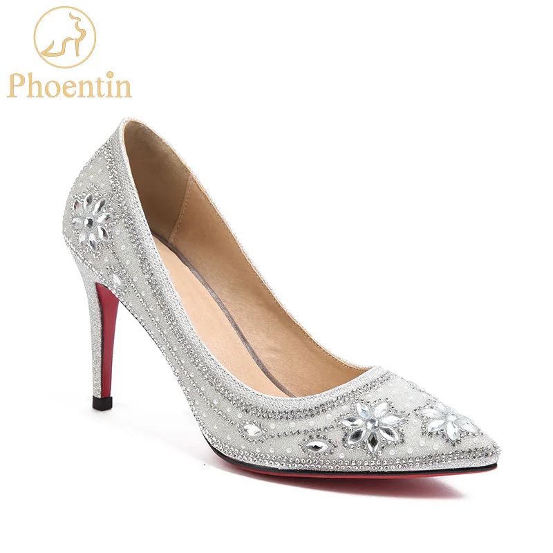 

wedding shoes bride 2018 pointed toe crystal shoes woman slip on high thin heels 9cm & 6cm plus size bling pumps elegant PH006