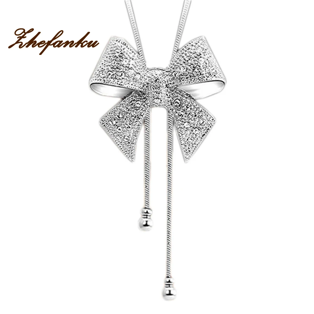 

Bowknot Pendant Rhinestone Butterfly Sweater Chain Silver/Gold Color Statement Maxi Necklace Collares Collier