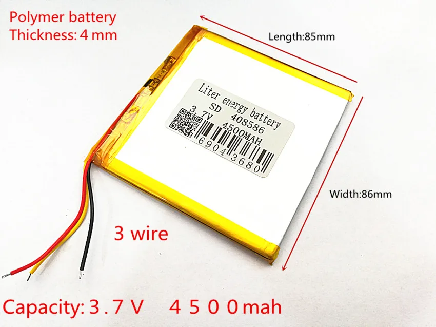 

3 wire 3.7V 4500mAH 408686 408586 408585 Polymer lithium ion / Li-ion battery for tablet pc Liter energy battery