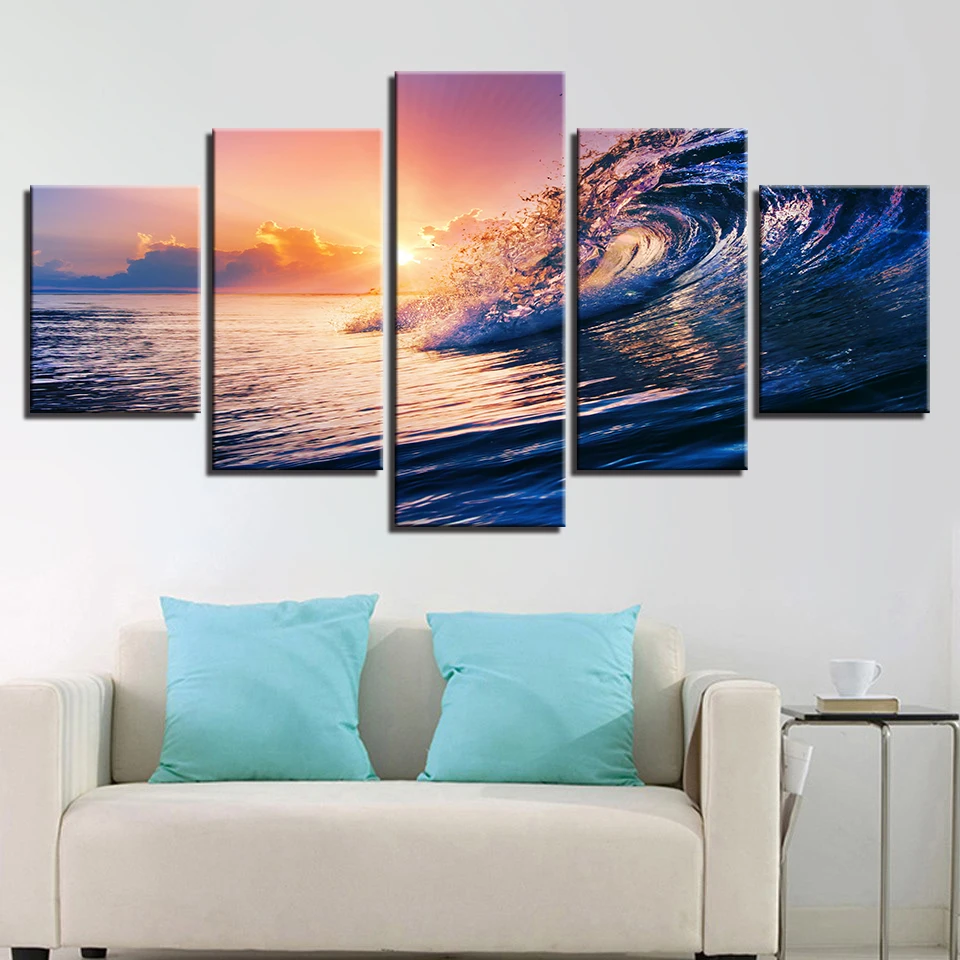 

Canvas Sunset Sea Waves Seascape Paintings Ocean Beach Posters HD Printed Home Decorative 5 Pieces Wall Art Modular Pictures