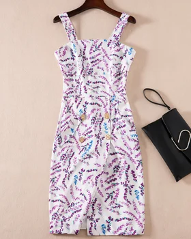 

2018 Summer New Purple Flower Print Women Dress Fashion Button Designer Dresses