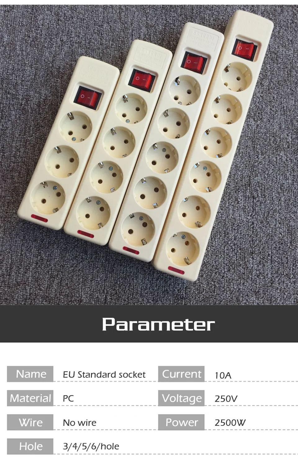 6 AC EU Plug Power No Wire Board Outlet Extension Socket Europe Button Switch Strip 3456 Hole Home Office Use (3)