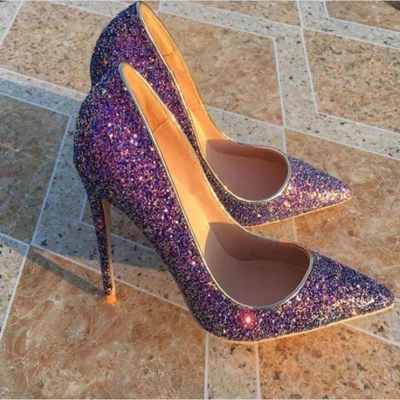 

2019 Women 12cm Thin High Heels Pumps Sexy Glitter Leather Bright Pointed Toe Scarpins Female Stiletto Purple Bling