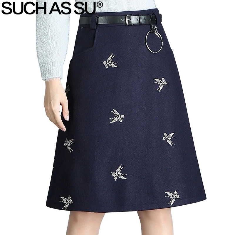 Goedkoop ZOALS SU Nieuwe Mode 2017 Herfst Winter Wol Rokken Vrouwen Zwart Donker Blauwe Vlinder Borduren S 3XL Hoge Taille A lijn rok