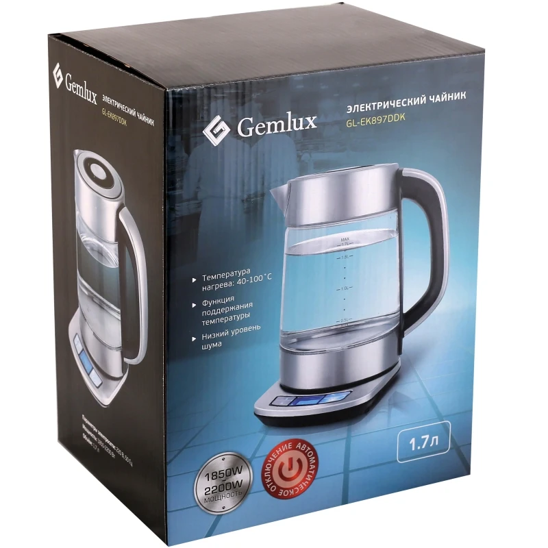 Чайник электрический GEMLUX GL-EK897DDK (Мощность 2200 Вт, стеклянный корпус, объем 1,7 л., Функция установки и поддержания температуры)