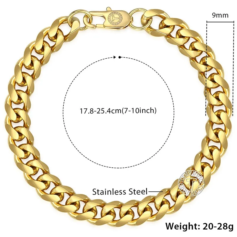 Нержавеющая сталь полированный браслет для Для мужчин звеньевая цепочка с крупными звеньями кубинской Для мужчин браслет черный, серебристый цвет золота ювелирные изделия 3/5/7/9/11 мм DKBM158 - Окраска металла: 9mm Gold