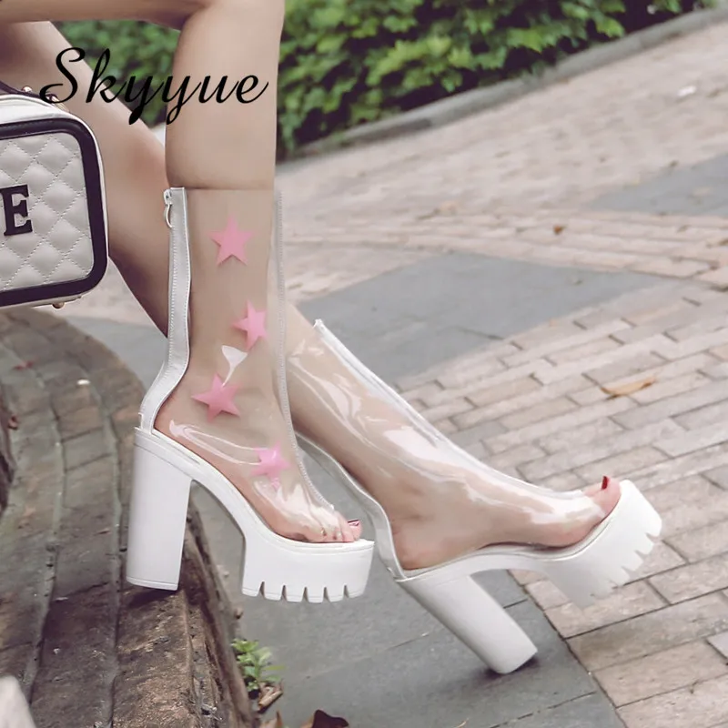 

2018 New Clear Transparent PVC Women Autumn Boots Sexy Open Toe Gladiator Lace Up 13 CM Women Boots Platform Women Boots