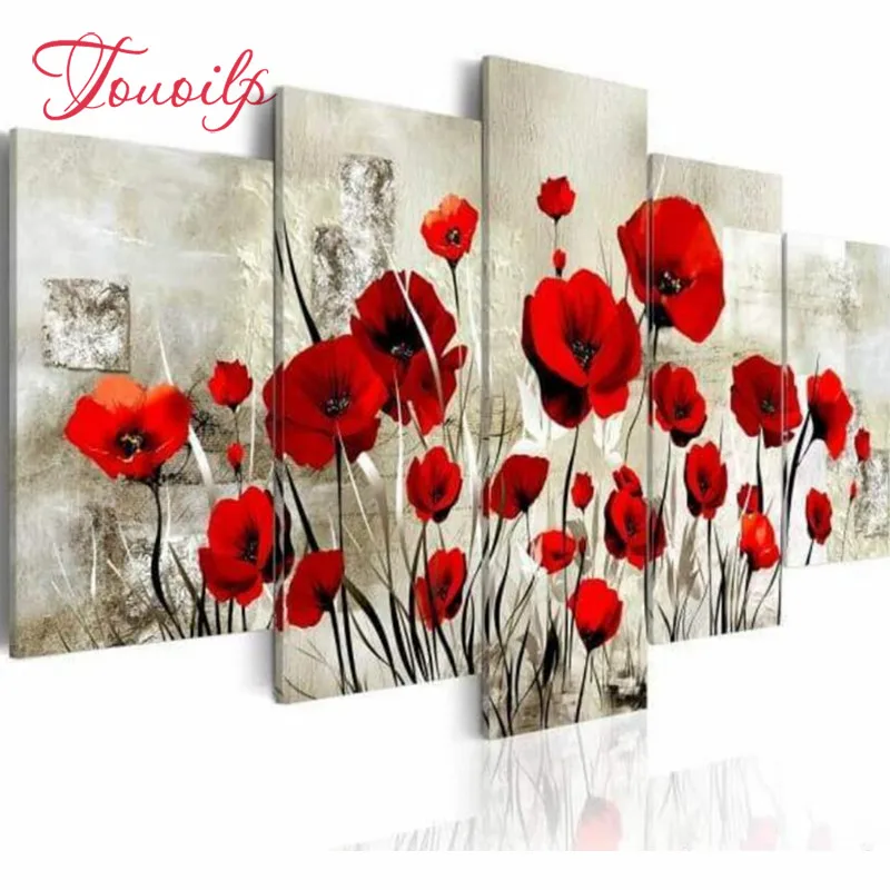 

Vivid poppy Floral - 5 Panels 5D Diy Full Square round Diamond Painting 3D Embroidery Kit Home Decor