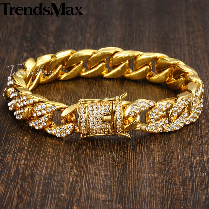 Womens Men's Bracelets Hip Hop Gold Miami Curb Cuban Link Chain For Woman Male Jewelry Gifts Dropshipping 14mm KGB409A | Украшения и