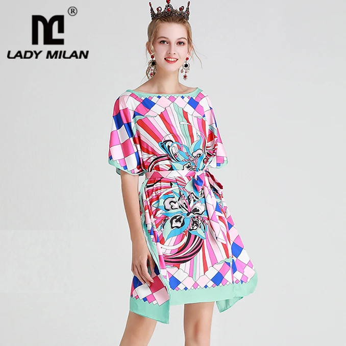

Women's Runway Designer Dresses Slash Neckline Short Sleeves Printed Color Block Sash Belt Fashion Casual Dresses