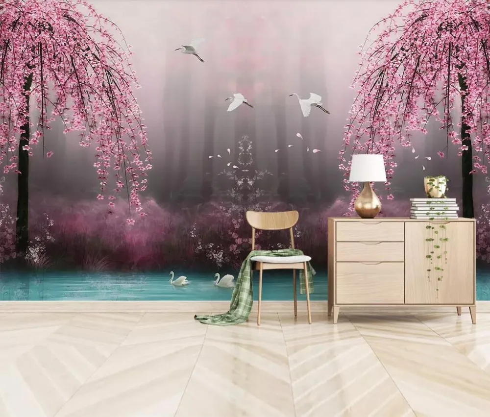 Розовый Сакура Лебединое озеро пейзаж ТВ фон стены профессионального производства Фреска обои плакат фото стены