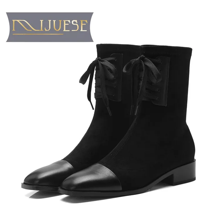 

MLJUESE 2019 women Mid calf boots cow leather stretch fabric autumn spring Bling high heels women boots casual boots
