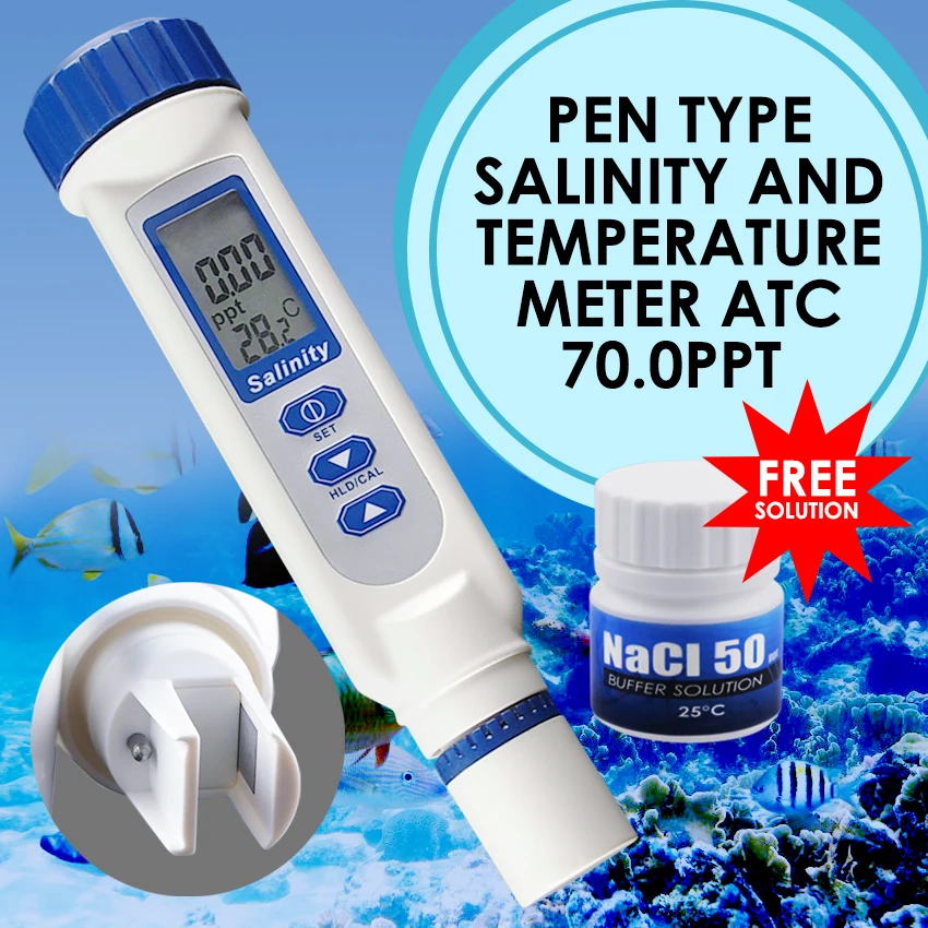 

Handheld Pen Type Salt Water Quality Tester Salinity & Temp Meter NaCl 70.0ppt Multipoint Calibration IP65 Water Resistant