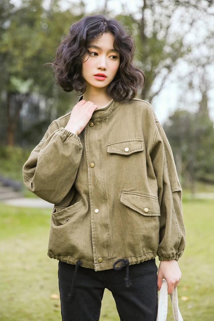 

Obrix Spring Autumn Casual Style Female Denim Jacket Solid Color Loose Cotton Pockets Full Sleeve Streetwear Coat For Women