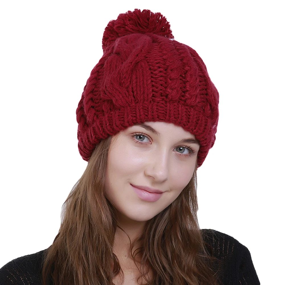 Winter Solid Color Women Hat with Fluffy Ball Knitted Beanie Ski Cap