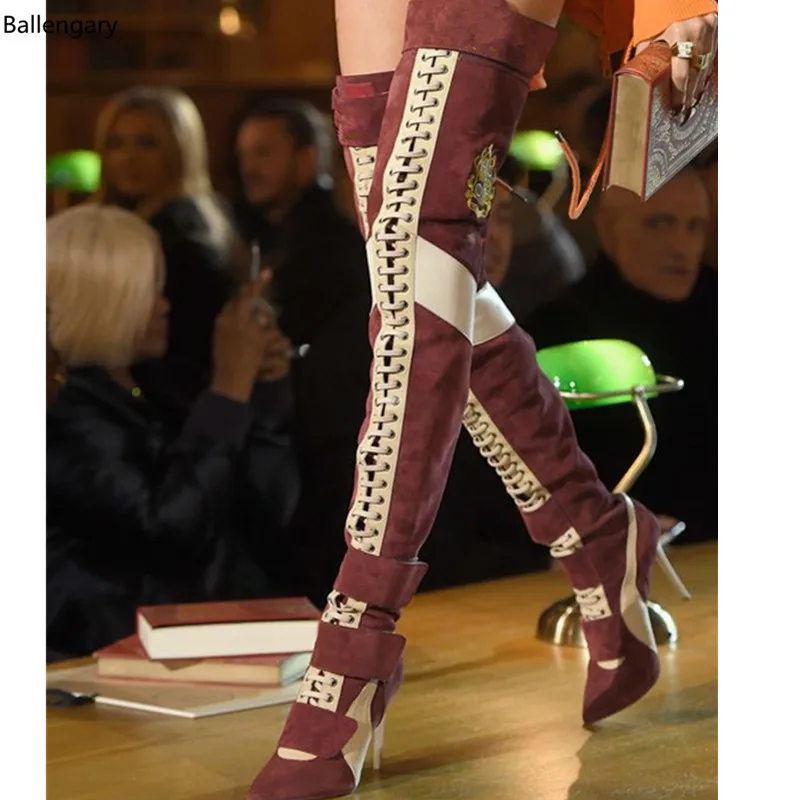 

New Runway Suede Thigh High Boots Genuine Leather Pointed High Heels Women Boots Luxury Designer Shoes For Women's Multi Color