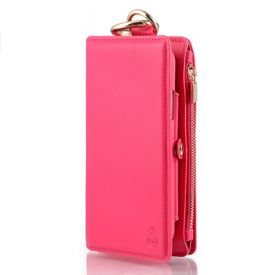 Многофункциональный кожаный чехол-бумажник для iPhone X, 6, 6 S, 7, 8 Plus, съемный чехол для телефона, флип-чехол с подставкой, чехол с отделением для карт, сумка на молнии - Цвет: Rose red