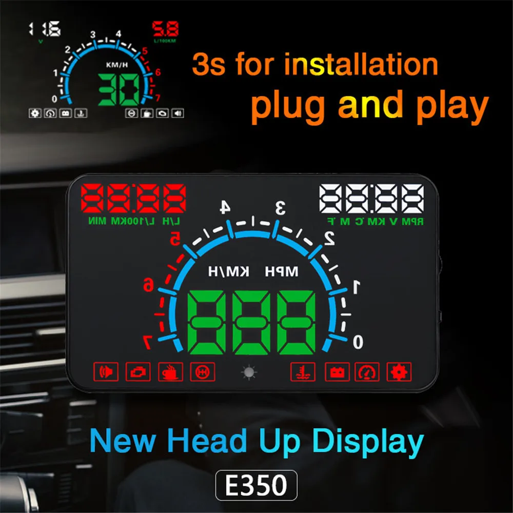 GEYIREN E350 5," Экран АВТО OBDII автомобиля HUD OBD2 головой вверх Дисплей км/ч, показывающая превышение скорости Предупреждение лобовое стекло сигнализации проектор Системы