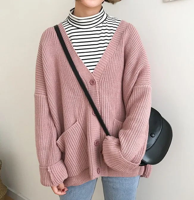 

2019 Autumn and winter V-neck Solid Colors Loose Double Pocket Long-sleeved Women's cardigan