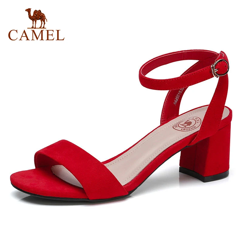 

CAMEL Woman New High Heel Sandals Women Buckle Flock Expose Toe Fashion Elegant Dress Shoes For Ladies Leather High Heel Pumps