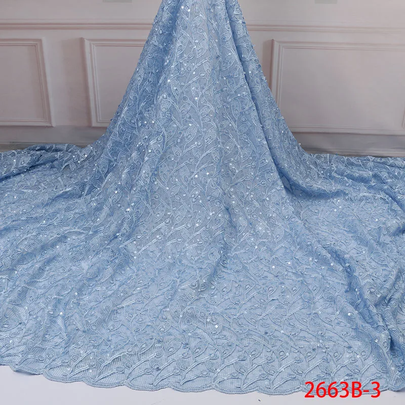 

Nigerian Lace Fabric 2019 High Quality Organza Lace Fabric Sky Blue Sequins Organza Lace Fabric For Party Dress AMY2663B-1