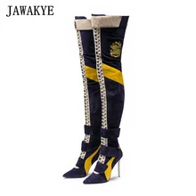 Новое поступление; синие сапоги до бедра в стиле пэчворк; женские сапоги с острым носком на высоком каблуке со шнуровкой; botas largas; пикантные ботфорты В рыцарском стиле