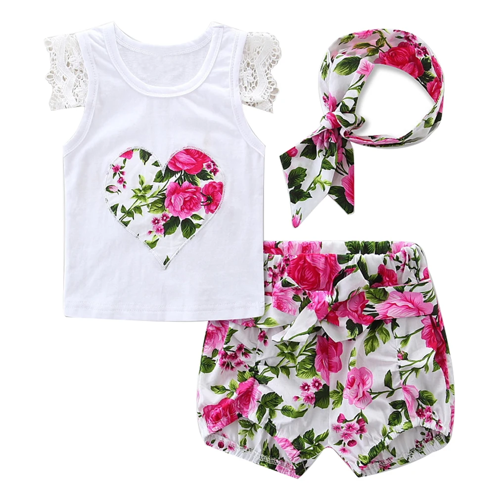 

Kids Baby Girls Flowers Heart Lace Headband Short Sleeves Shorts Clothing Set