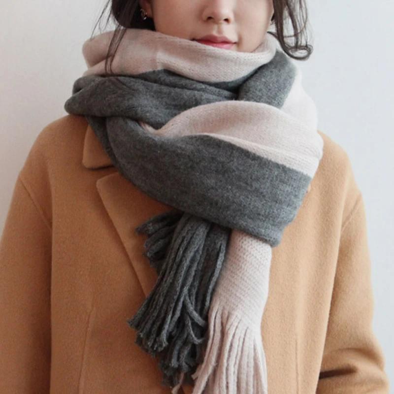 

Luna&Dolphin Designer Women Winter Warm Knitted Scarf Two Color Matching Soft Scarves Tassel Woolen Big Tippet Pashmina Blanket