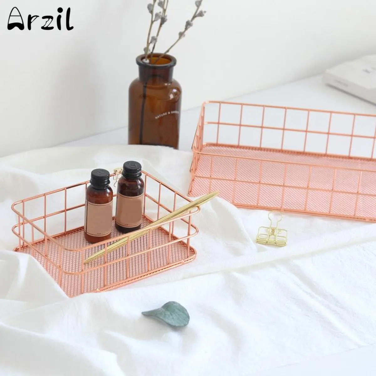 Rose Gold Storage Basket Elegant Mesh Baskets Rectangle Metal Basket