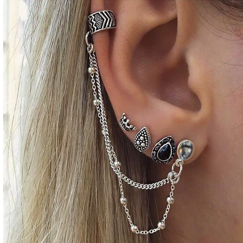 

4PCS Set Women Vintage Style Clip Earings Round Chain Ear Cuff Crown Droplet Boho Bohemian Jewelry New Earring Sets