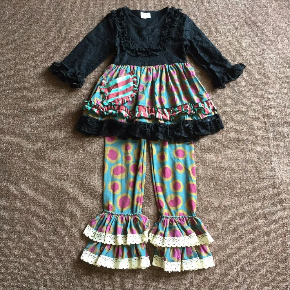 

2017 Fall Apparel Accessory Attractive Black Lace Infant Clothing Baby girl sets Unique Lace Ruffles Sleeve Circle Print Pants