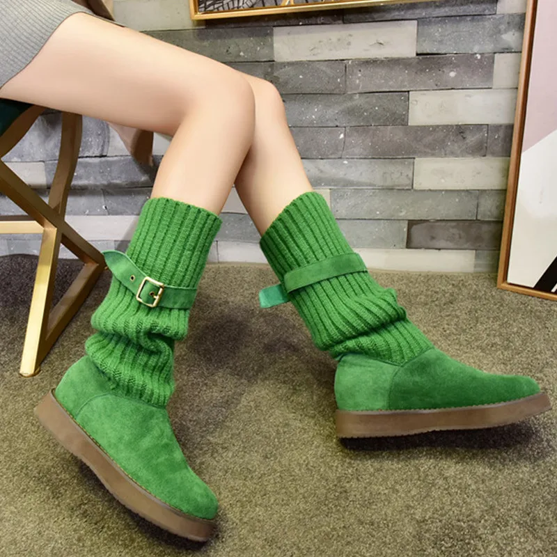 

Buckles Knitting Women Boots Flats Slip-on Round Toe Rome Motorcycle Botas Mujer Casual Flats Patchwork Fur Winter Boots Shoes