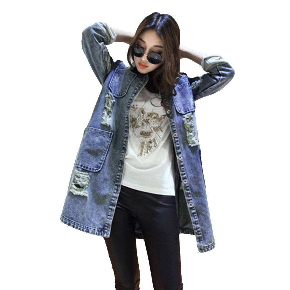 Loose Casual Md long Denim Cardigan Ripped Turndown Collar font b Women b font Overcoat font