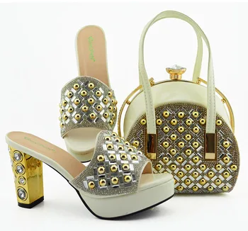

White rhinestones slippers shoes and bag matching set new fashion italian shoes and bag matching set shoes bag set 2019 SB8394-1