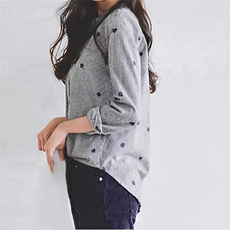 Fashion womens tops and blouses summer Autumn 2018 Linen Striped Stand Collar Embroidery Long Sleeve Shirt camicette Y30#N  (9)