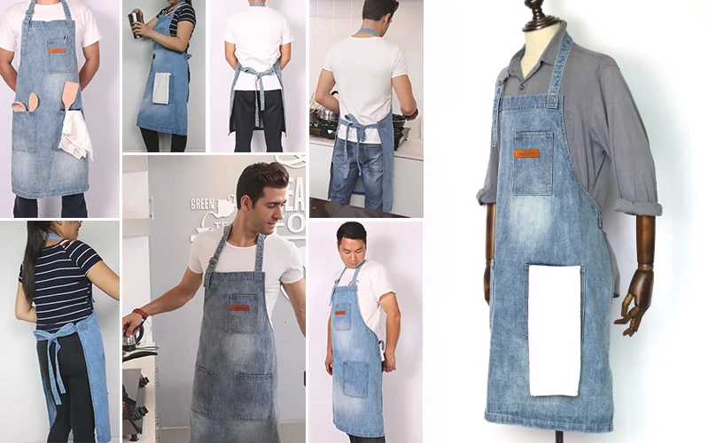 WEEYI Washable Shop Denim Apron with 3 Pockets Unisex Fits Small to XXL Vintage  Blue Homewear Workwear 34x27 Inches  (11)