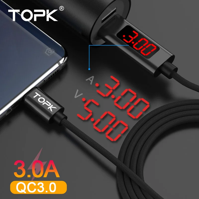 TOPK AC27 3A(макс.) usb type C кабель, QC 3,0 Быстрая зарядка напряжение и ток дисплей нейлоновый Плетеный USB C кабель для синхронизации данных