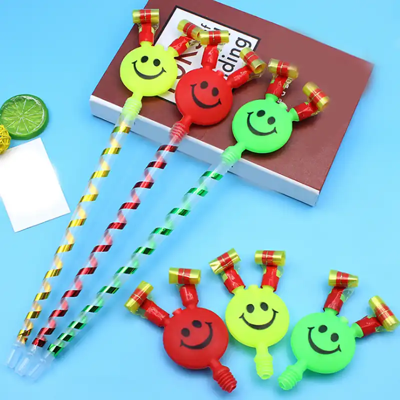 Fontes de festa de plástico cor aleatória atmosfera ativa crianças aniversário essentials rosto sorridente sopros longa haste apito