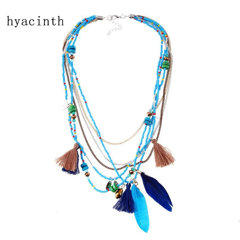 Hyacinth Bohemian Multi Color Feather Necklaces Beads Tassel Maxi Long Ethnic Chain Jewelry Statement Necklace For Women Collare | Украшения