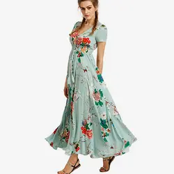 Для женщин Boho Цветочный Принт Туника разделение платье макси Половина рукава Подол рюшами пикантные элегантные женские платья для вечерин
