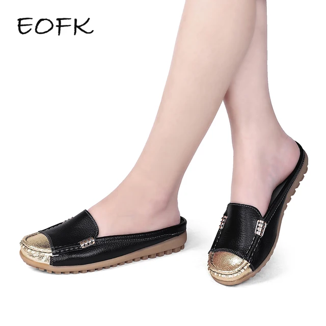 EOFK Summer Women Genuine leather Slippers Handmade Patchwork Gold Black Ladies Flat With Slides Breathable Sandal Half Shoes